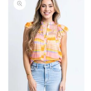 Karlie boho watercolor blouse with ruffle and lace details, NWT
